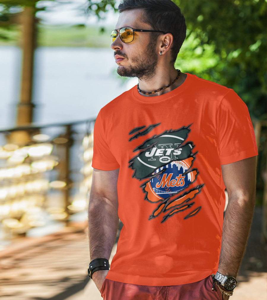 Jets Mets Nfl Mlb Ripped Logo Fusion T-Shirt