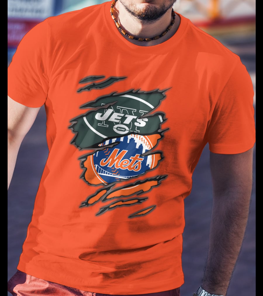 Jets Mets Nfl Mlb Ripped Logo Fusion T-Shirt