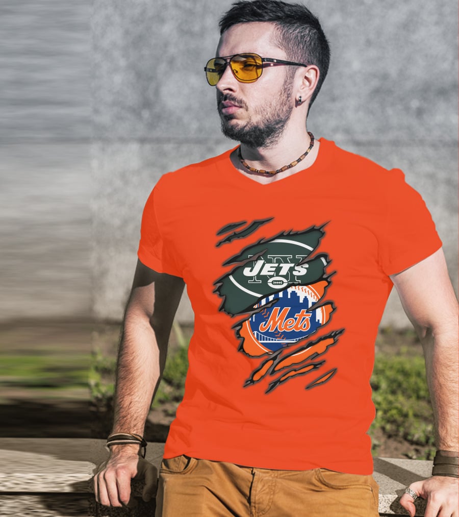Jets Mets Nfl Mlb Ripped Logo Fusion T-Shirt