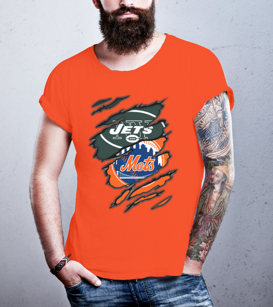 Jets Mets Nfl Mlb Ripped Logo Fusion T-Shirt
