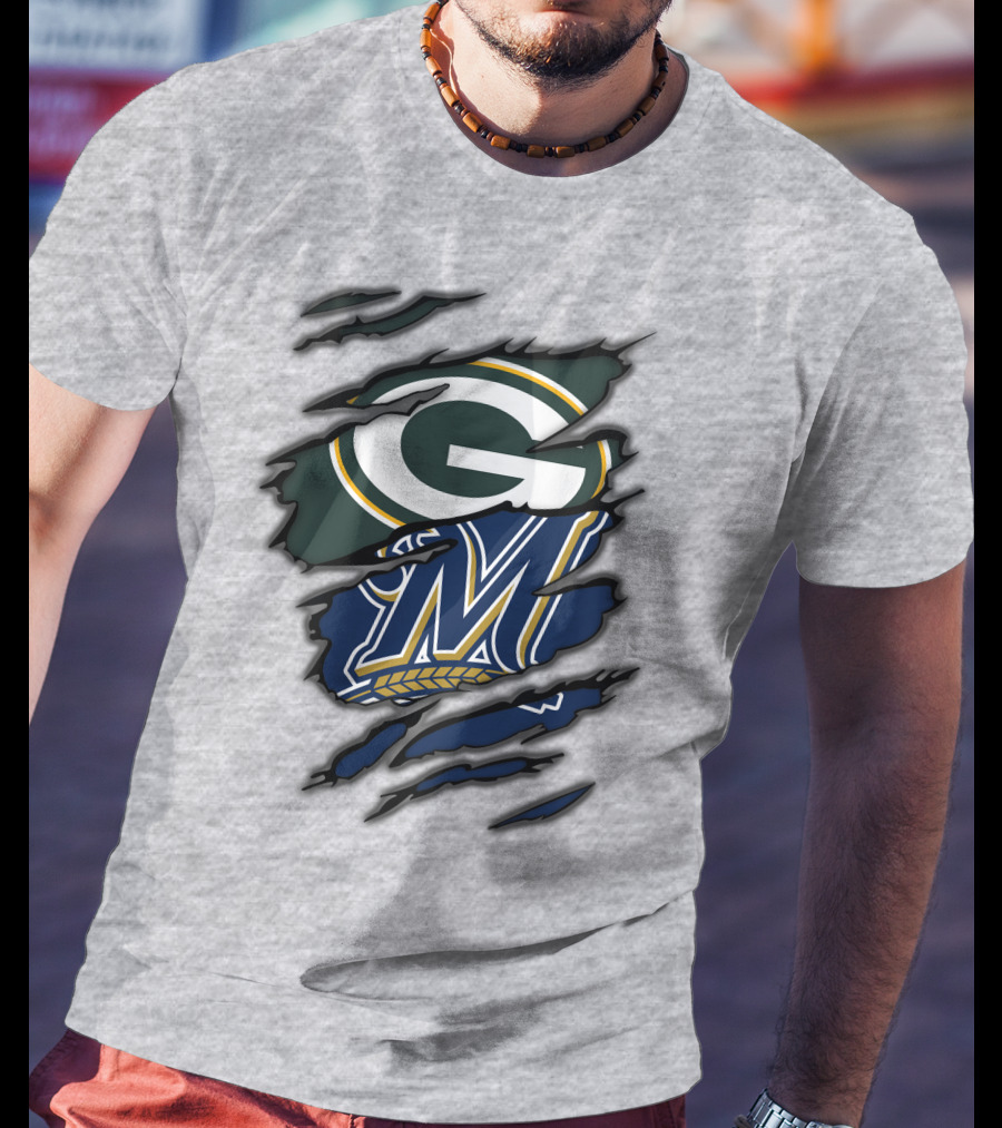 Green Bay Packers Milwaukee Brewers Logos Torn Claw Marks T-Shirt