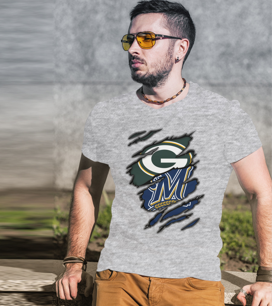 Green Bay Packers Milwaukee Brewers Logos Torn Claw Marks T-Shirt