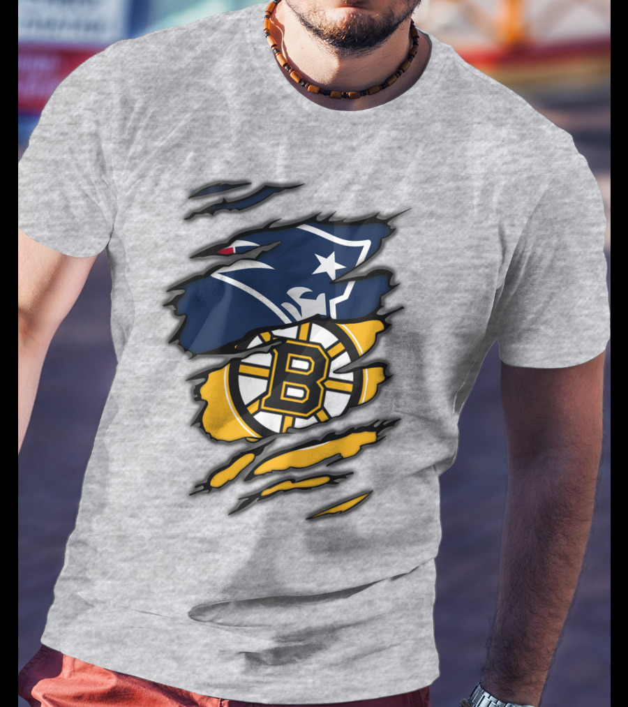 Patriots Bruins New England Football Boston Hockey Fan Collaboration T-Shirt