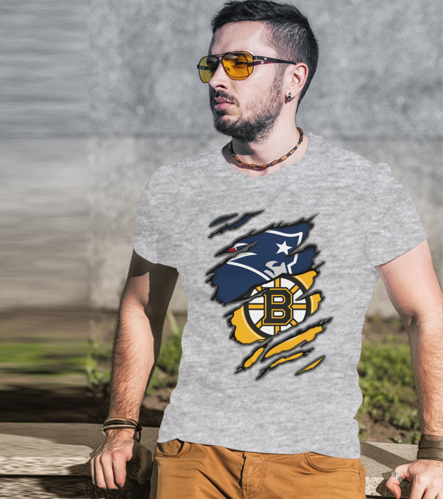Patriots Bruins New England Football Boston Hockey Fan Collaboration T-Shirt