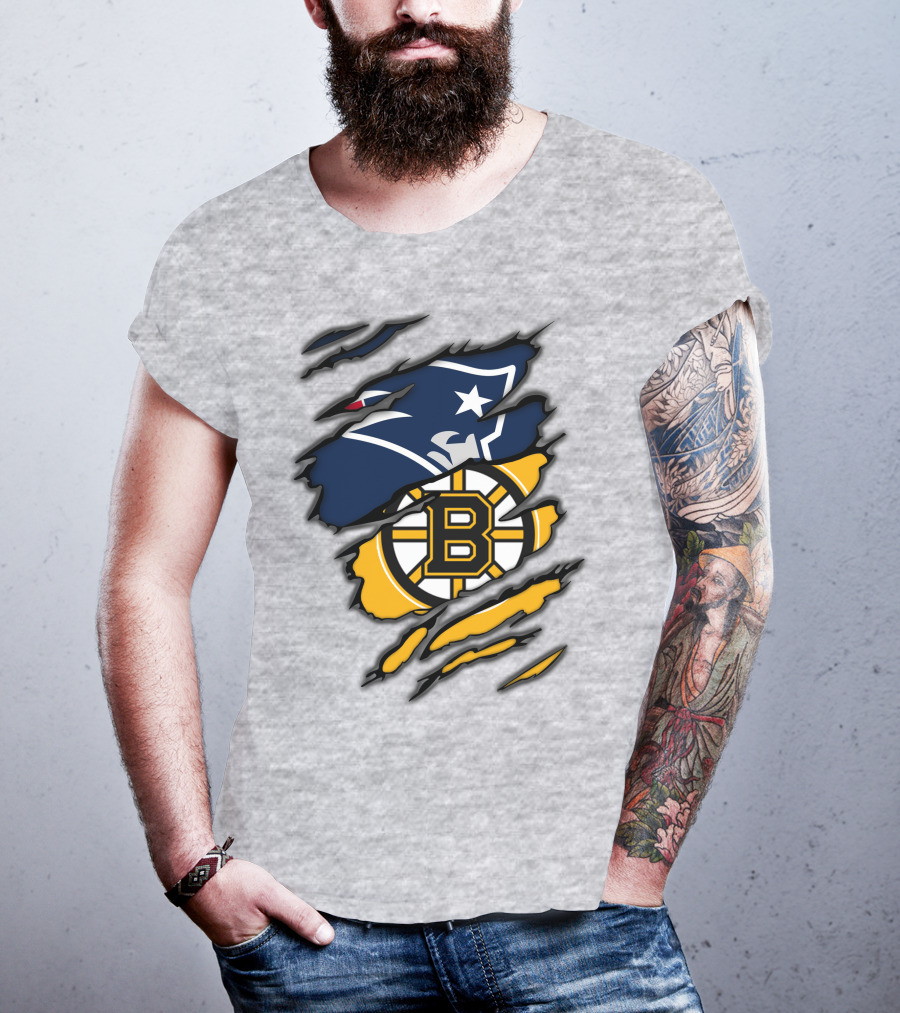Patriots Bruins New England Football Boston Hockey Fan Collaboration T-Shirt