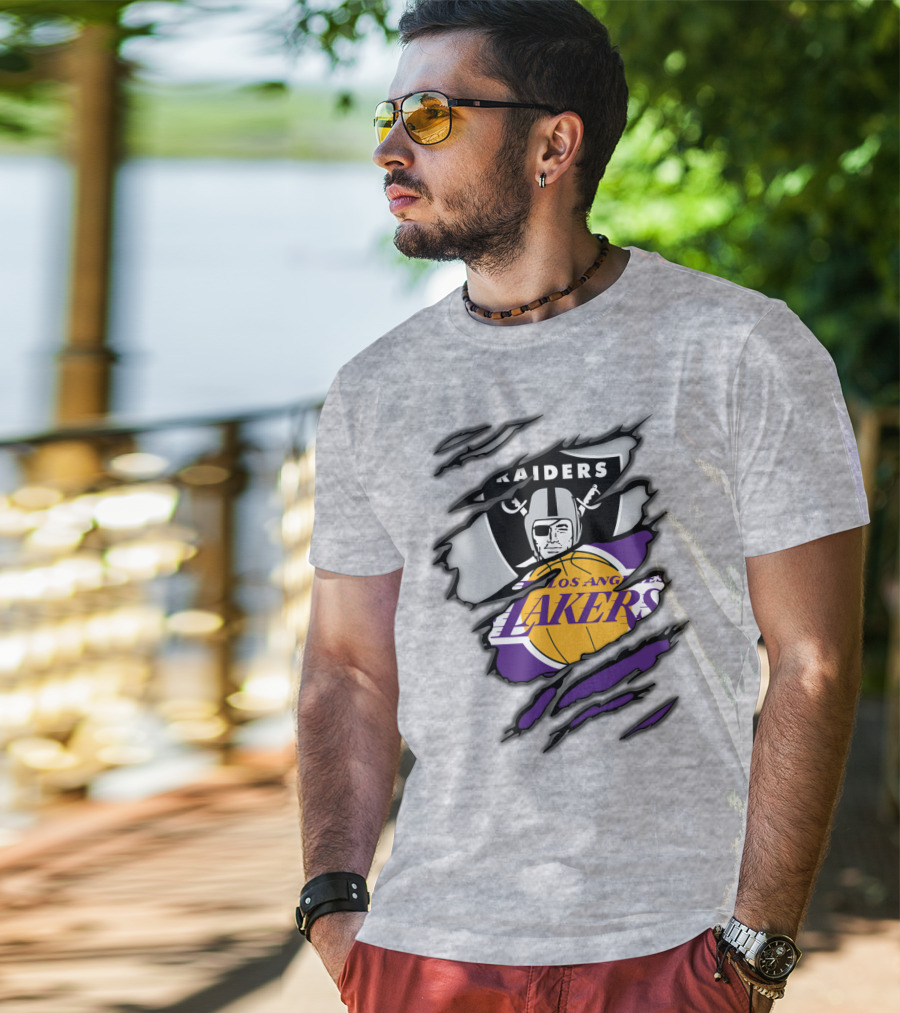 Raiders Los Angeles Lakers Basketball Football Fan Mashup T-Shirt