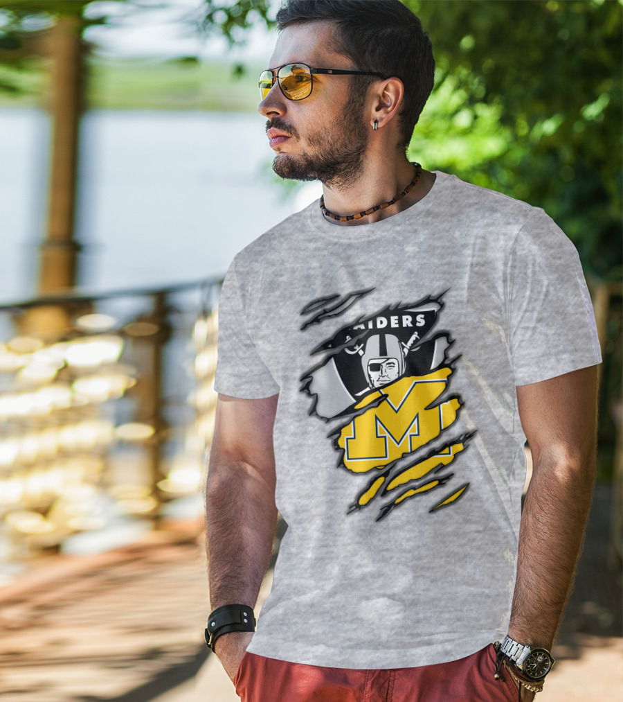 Raiders Logo With Michigan Block M Torn Overlay T-Shirt