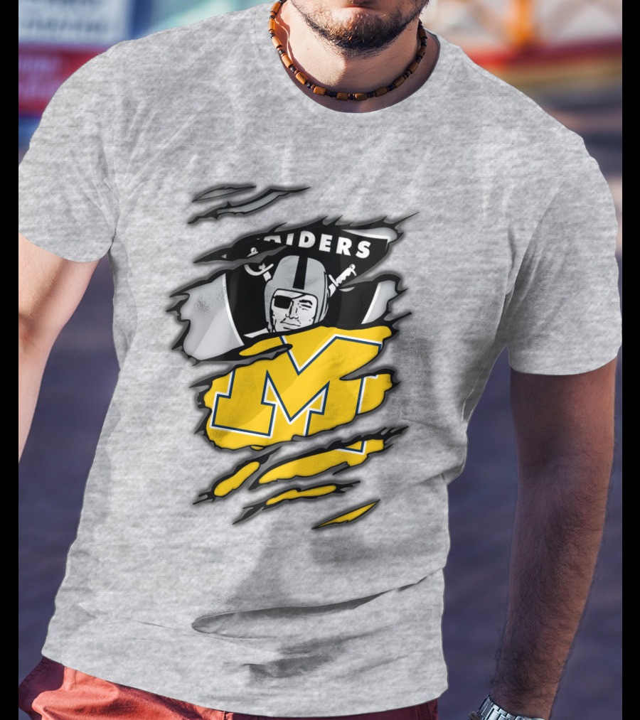 Raiders Logo With Michigan Block M Torn Overlay T-Shirt