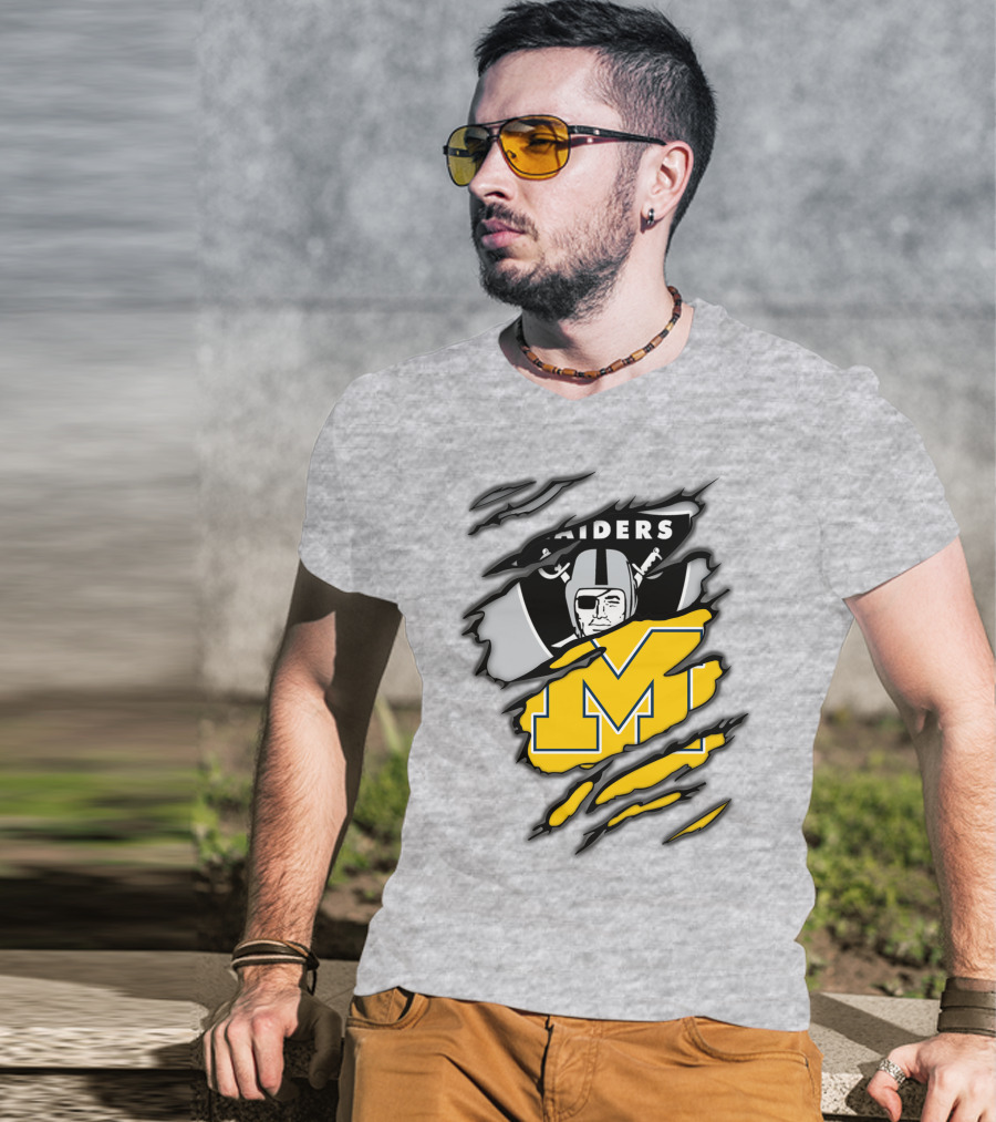 Raiders Logo With Michigan Block M Torn Overlay T-Shirt
