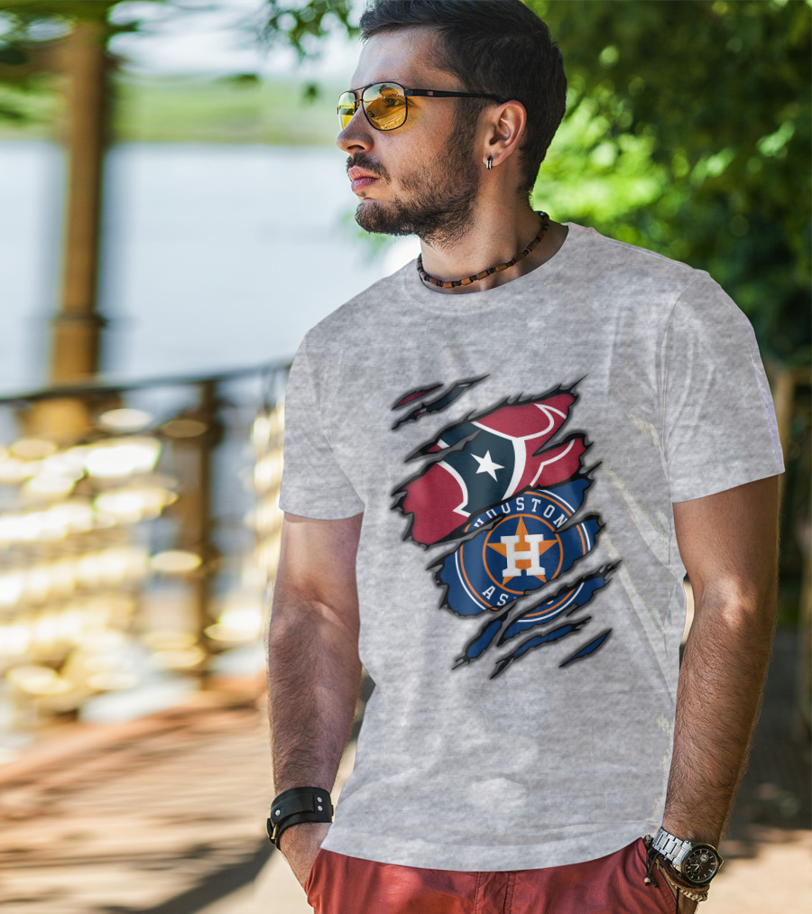 Houston Texans And Astros Logos Ripped T-Shirt