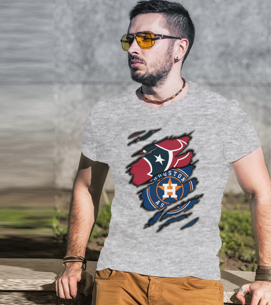 Houston Texans And Astros Logos Ripped T-Shirt