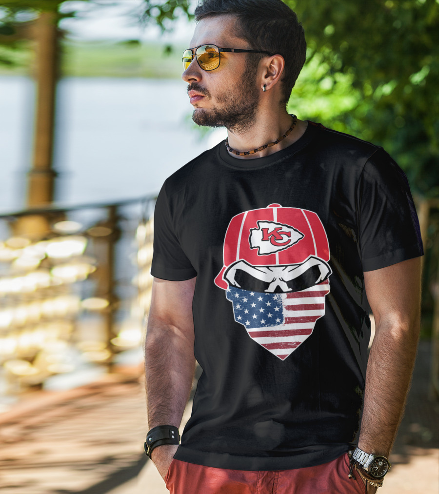 Kansas City Chiefs American Flag Bandana Skull T-Shirt