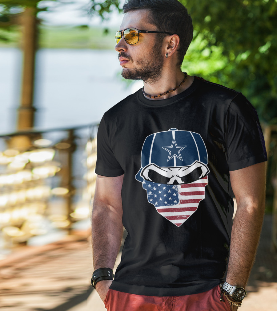 Cowboys Skull With Star Cap And American Flag Bandana T-Shirt
