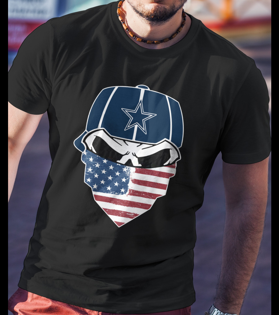 Cowboys Skull With Star Cap And American Flag Bandana T-Shirt