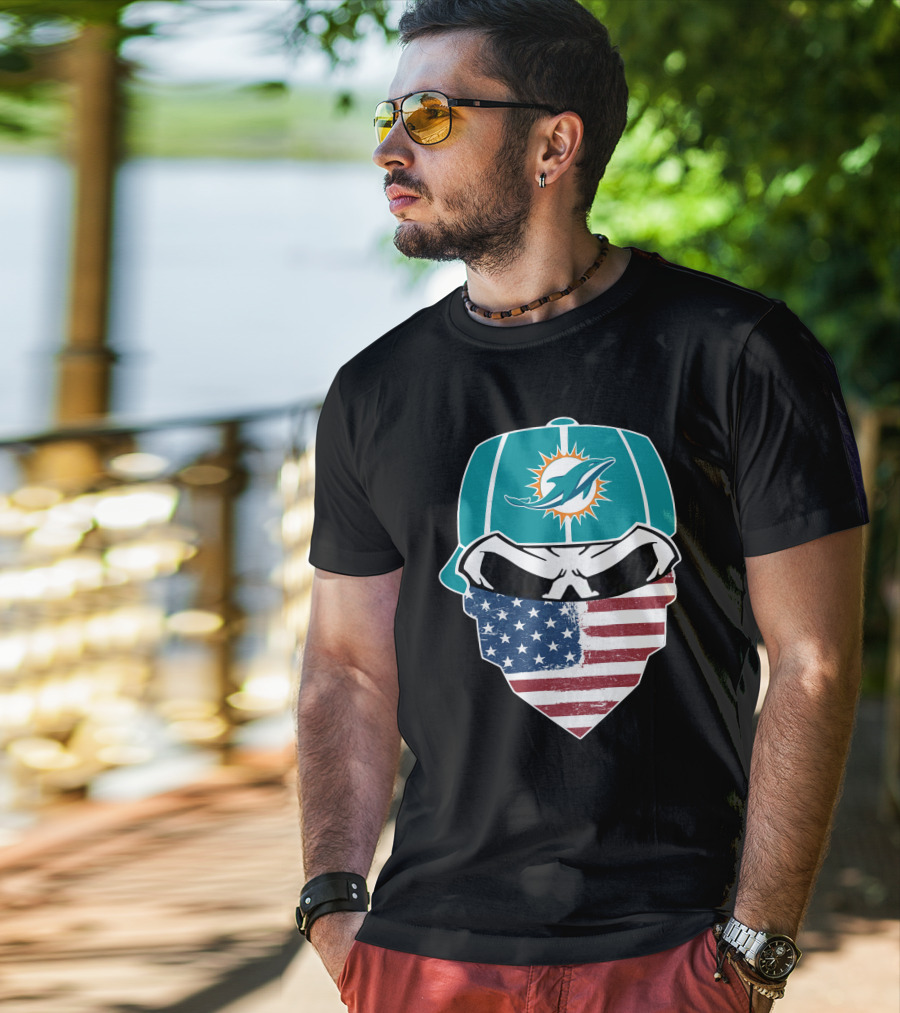 Miami Dolphins Skull American Flag Bandana T-Shirt