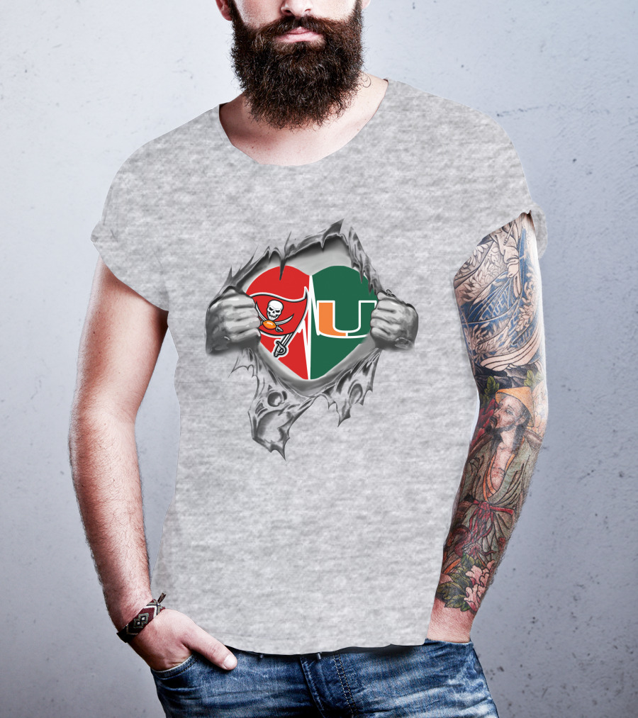 Tampa Bay Buccaneers Miami Hurricanes Heart Logo Fusion T-Shirt