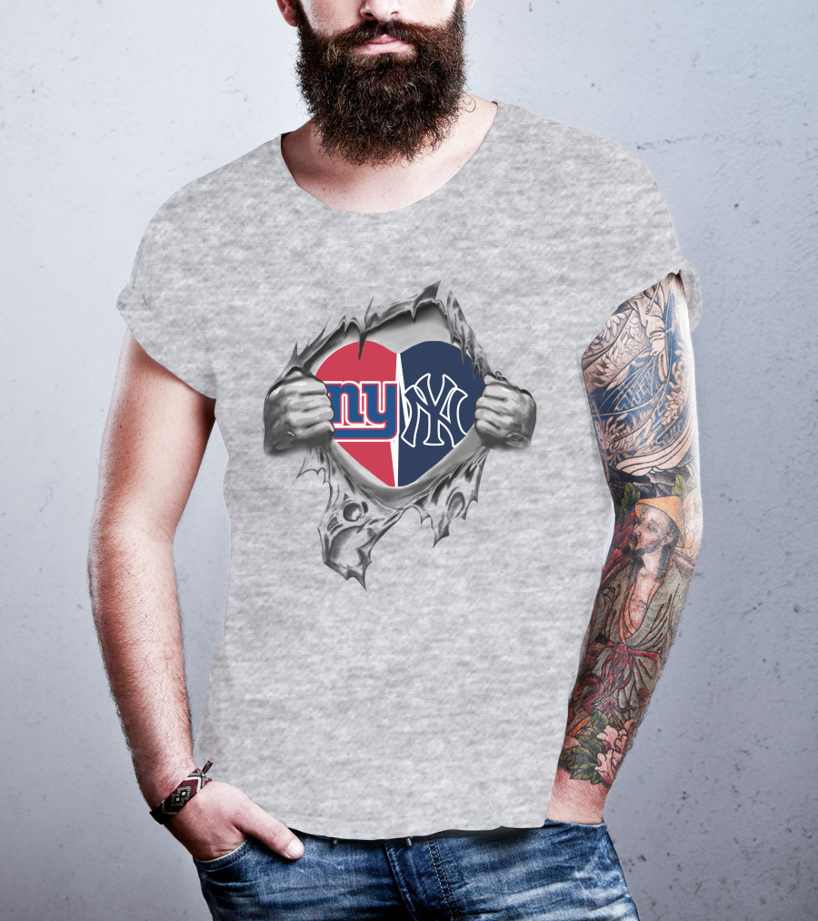 New York Giants Yankees Heart Logo Rip T-Shirt