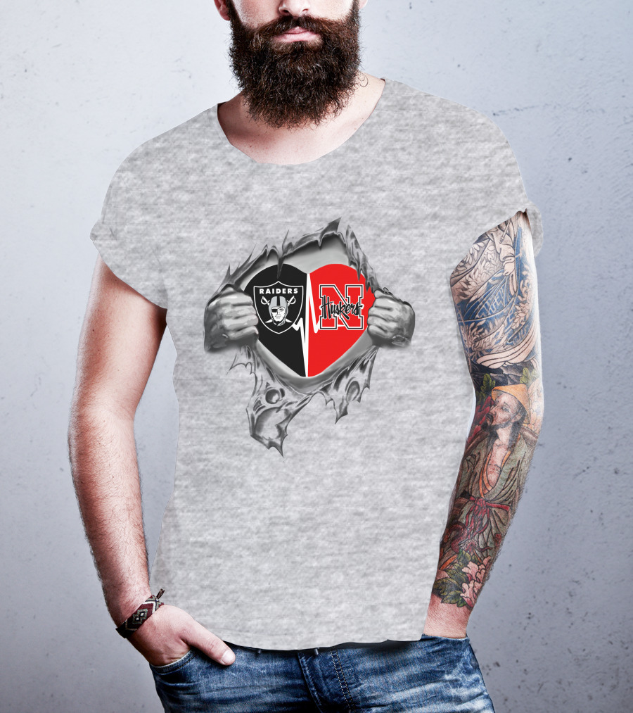 Raiders Huskers Heart Design With Torn Fabric T-Shirt