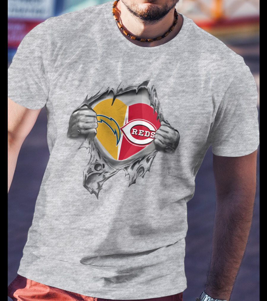 Reds Chargers Heart With Skeleton Hands NFL MLB Crossover T-Shirt