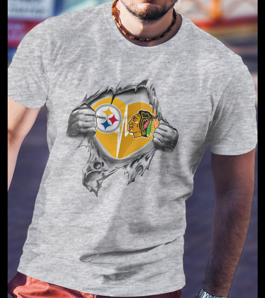 Steelers Blackhawks Heart Logos Torn T-Shirt