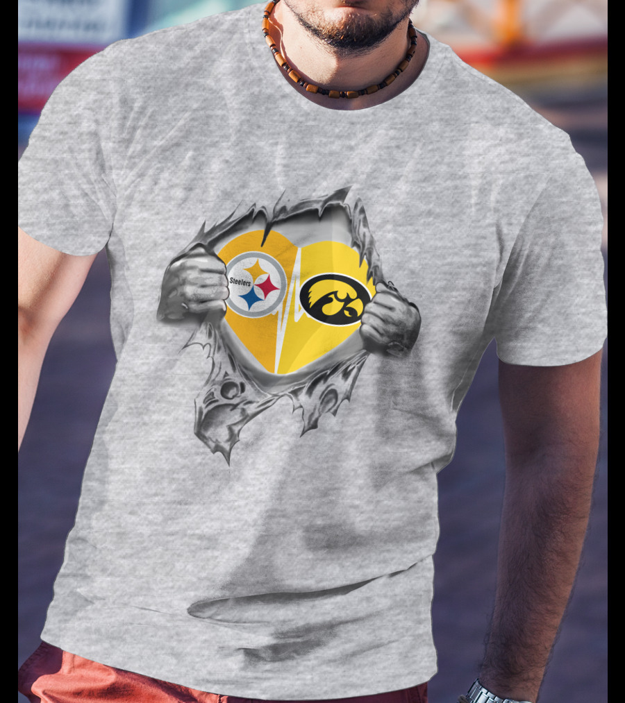 Steelers Hawkeyes Heartbeat Inside Layered Heart T-Shirt
