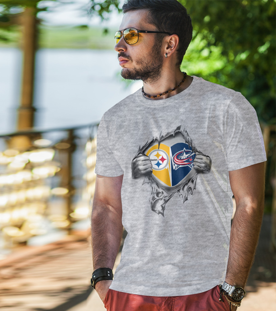 Steelers Blue Jackets Torn Heart Logo Fusion T-Shirt