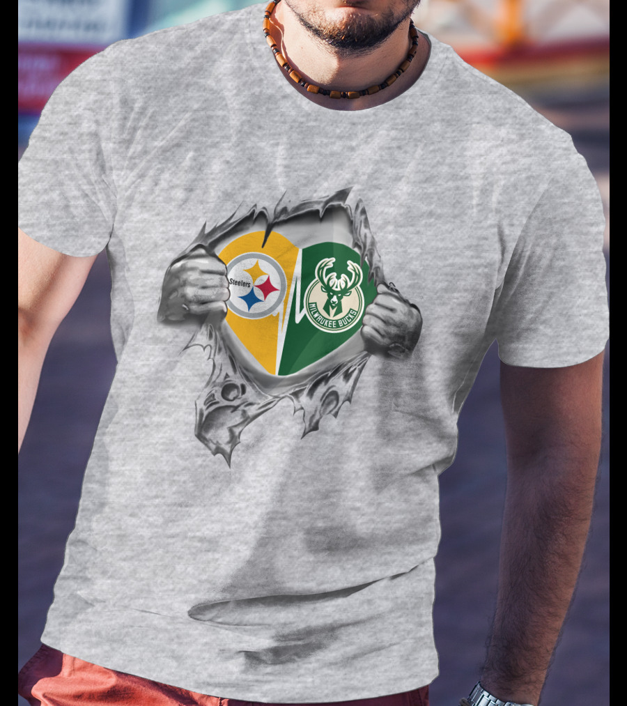Steelers Milwaukee Bucks Heart Torn T-Shirt