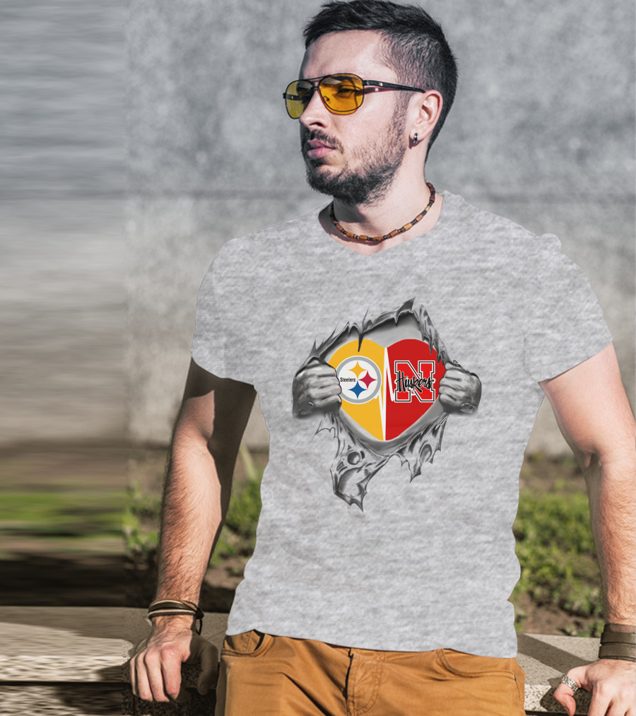 Steelers Huskers Heart Rip T-Shirt