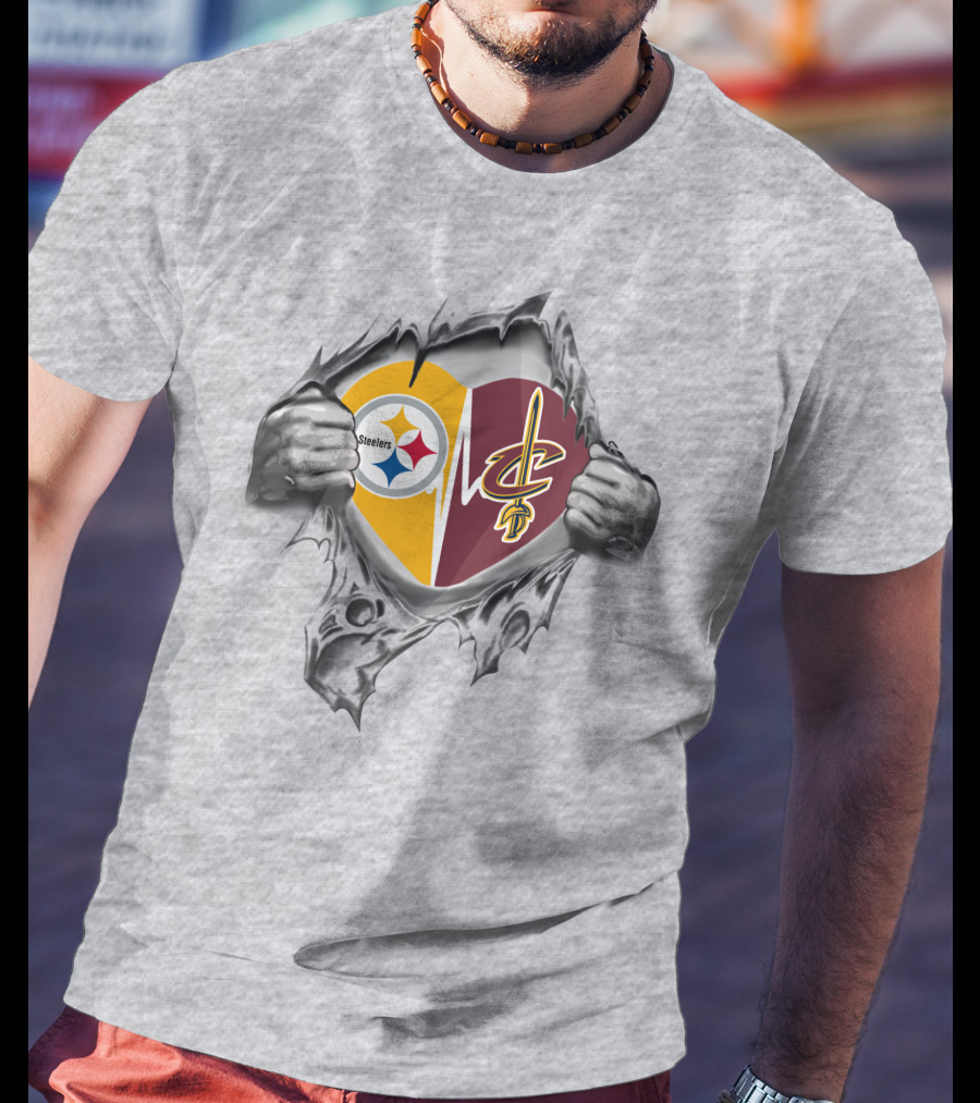 Steelers Cleveland Cavaliers Heart Logo Teared Open T-Shirt