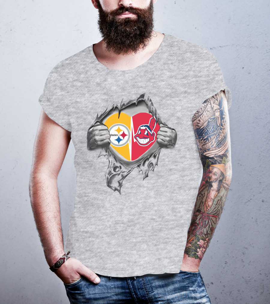 Steelers Indians Heart Split Logo Inside Ripped Hands T-Shirt