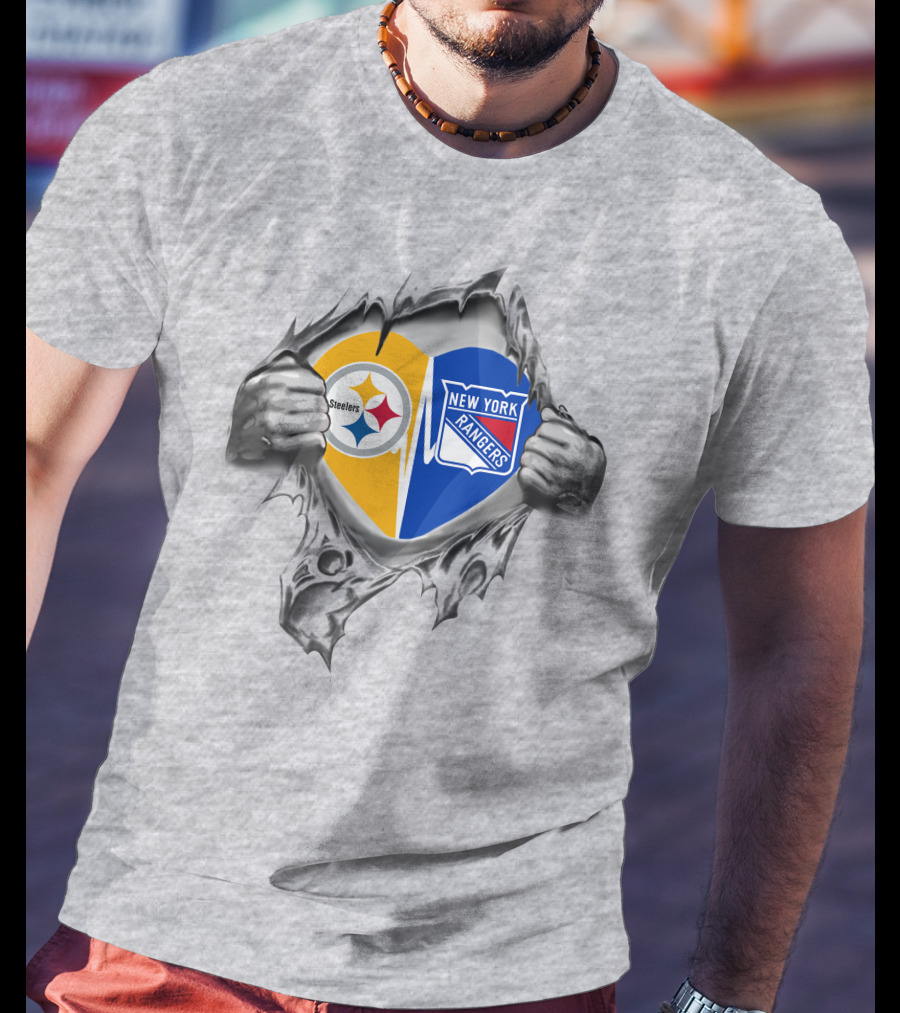 Steelers New York Rangers Heart Logos Emblem Torn T-Shirt