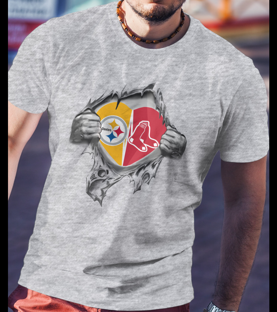 Steelers Redsox Heart Logos Torn Background T-Shirt