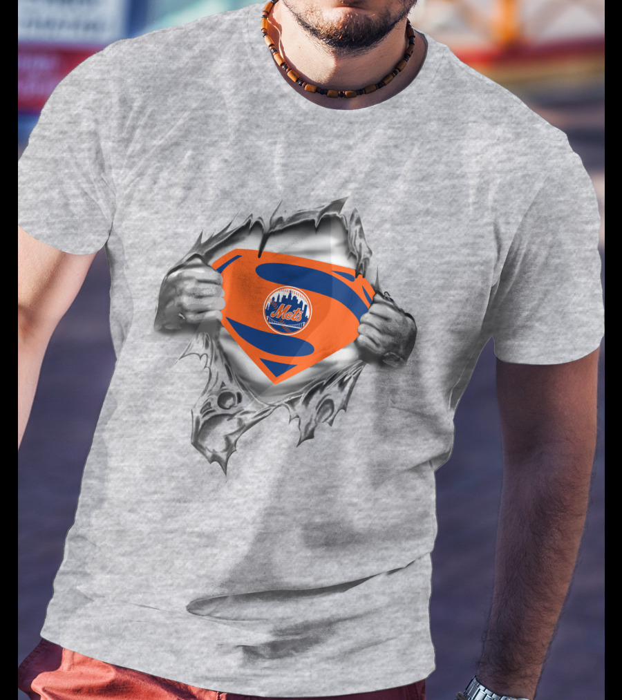 Mets Super Logo Comic Crossover Superhero Chest Rip T-Shirt