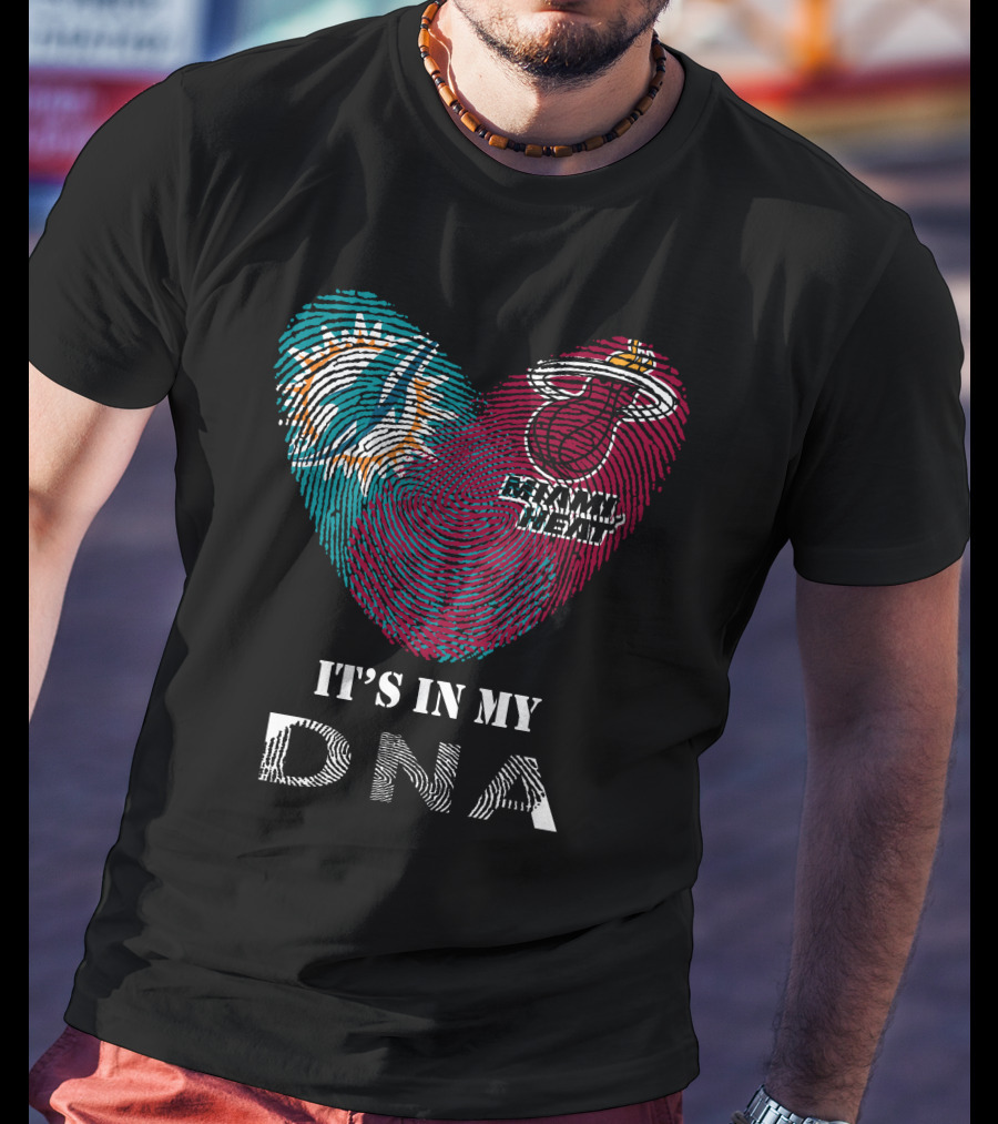 Miami Dolphins Miami Heat It's In My Dna Fingerprint Heart T-Shirt