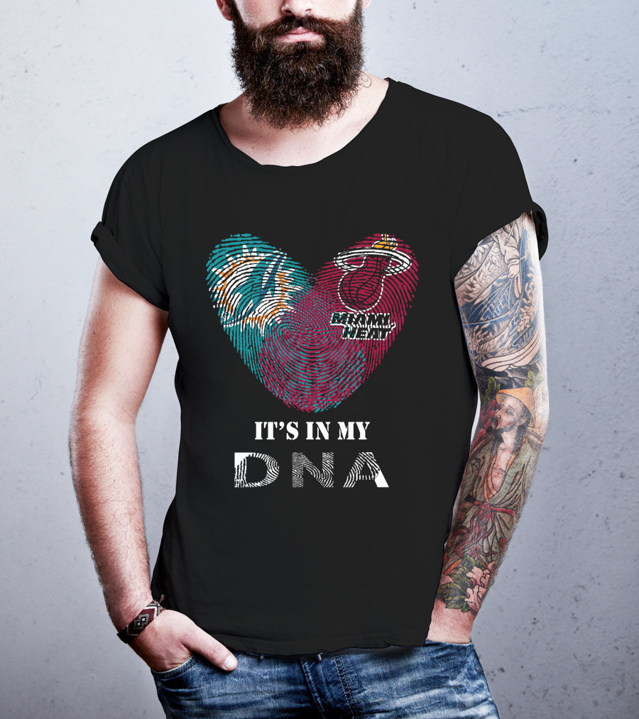Miami Dolphins Miami Heat It's In My Dna Fingerprint Heart T-Shirt