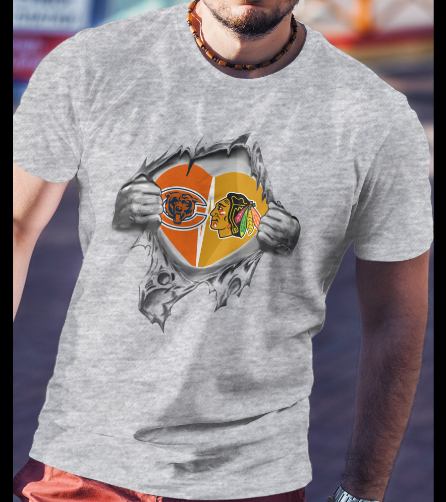 Chicago Bears Blackhawks Heart Logo Fusion T-Shirt
