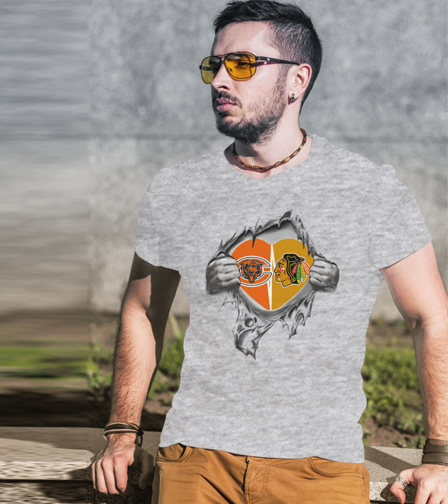 Chicago Bears Blackhawks Heart Logo Fusion T-Shirt