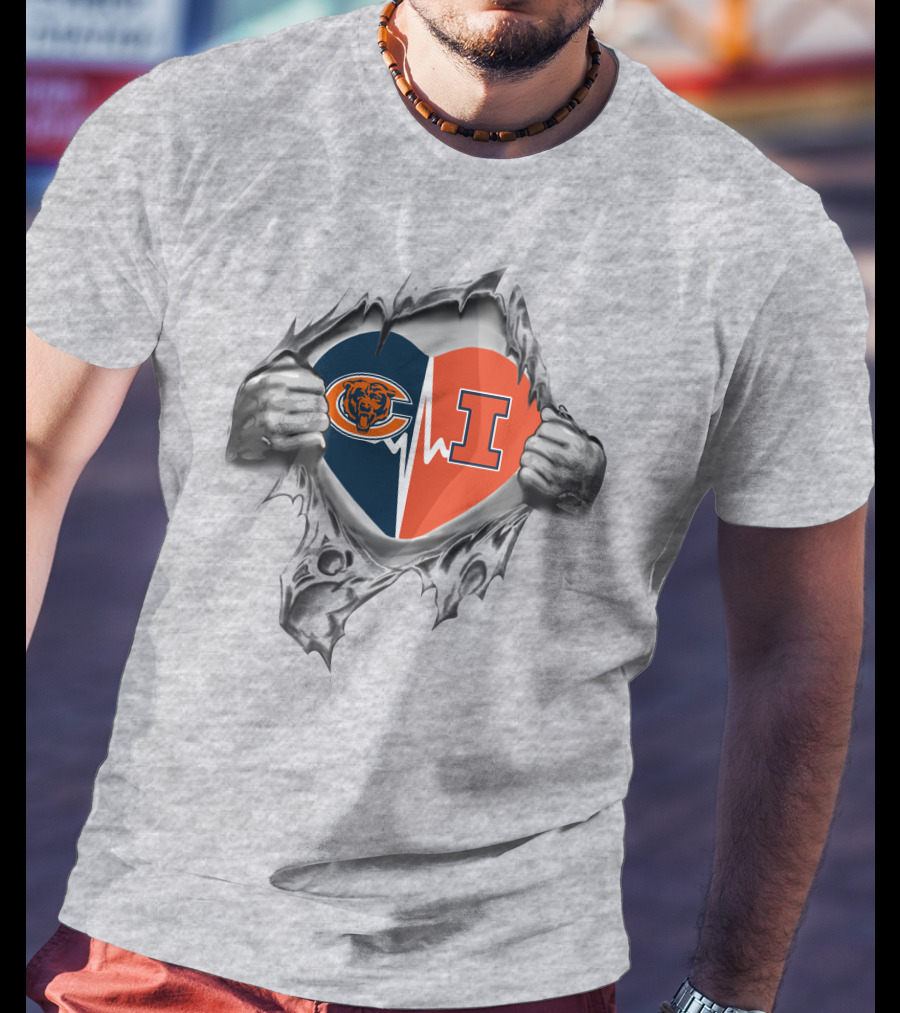 Bears Illinois Heartbeat Chicago Bears And Illinois Fighting Illini Loyalty T-Shirt