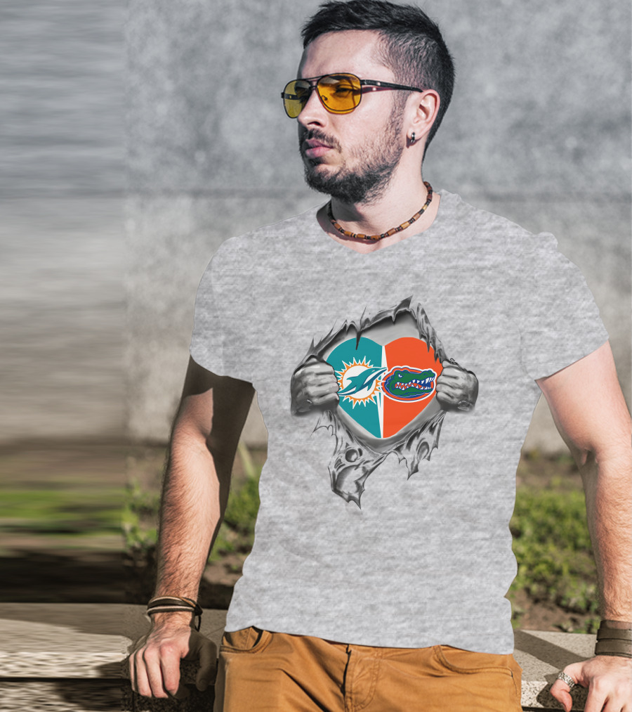 Miami Dolphins Florida Gators Heart Tear T-Shirt