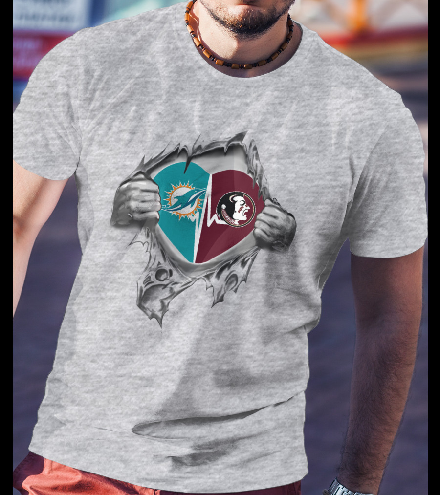 Miami Dolphins Florida State Seminoles Heartbeat Loyalty Teardown Heart T-Shirt