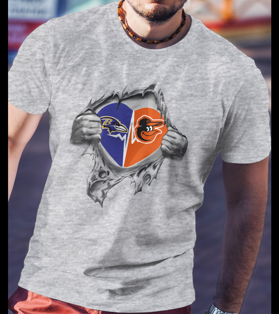 Ravens Orioles Heart Torn Design With Team T-Shirt