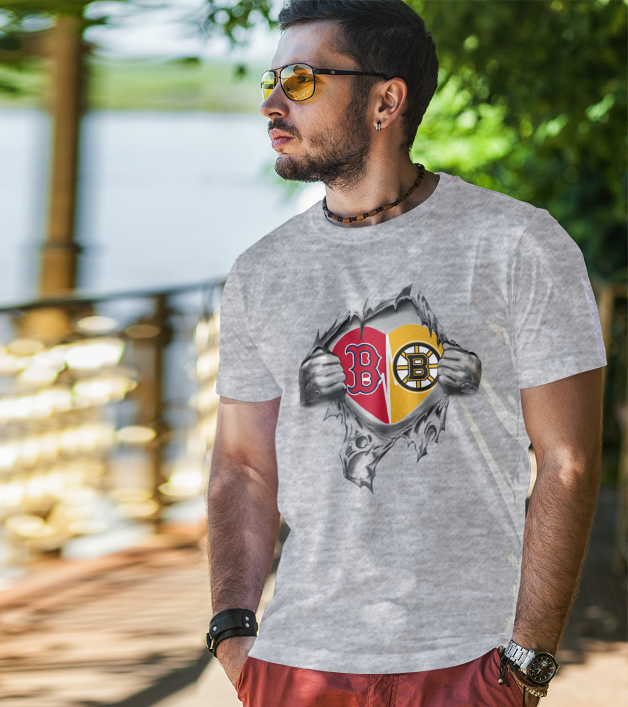 Red Sox Bruins Heart With Tattered Team Logos And Hands Peeling Open T-Shirt