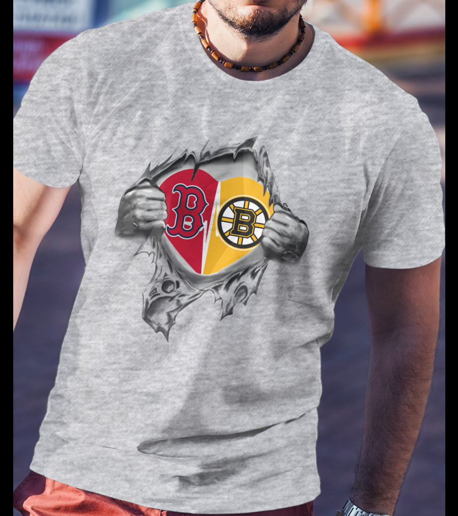 Red Sox Bruins Heart With Tattered Team Logos And Hands Peeling Open T-Shirt