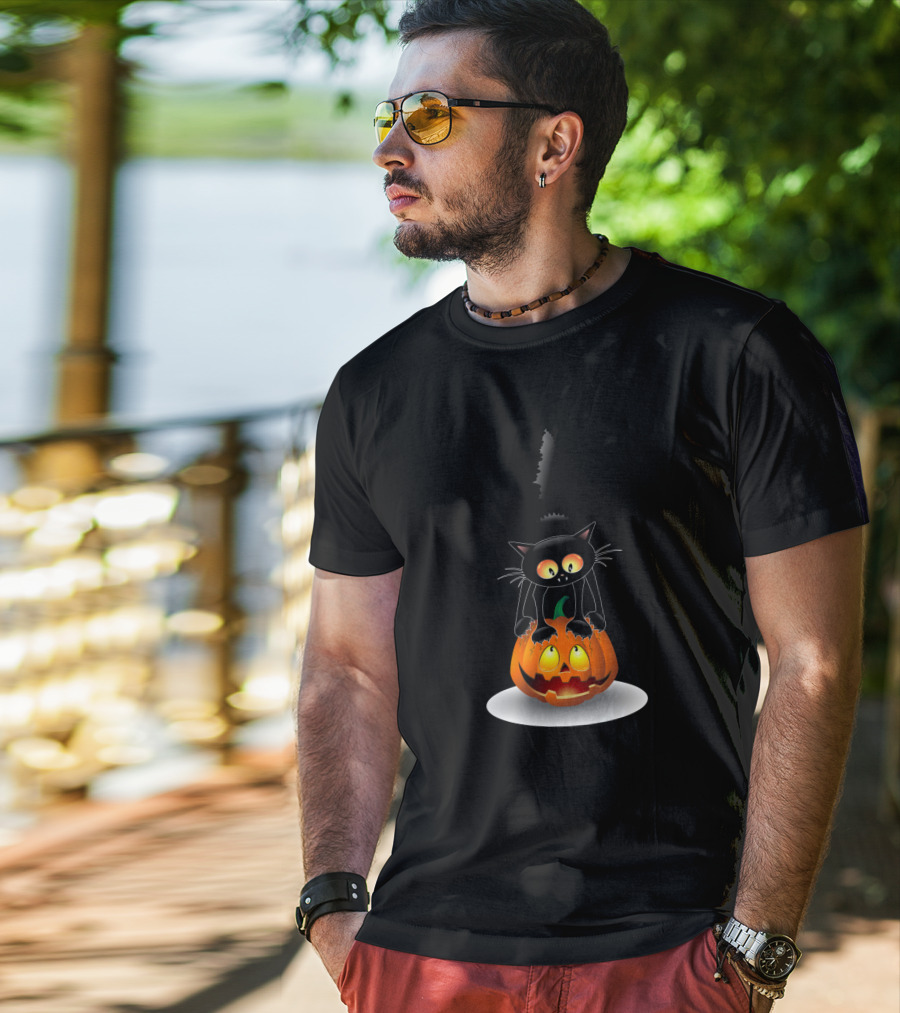 Disney Mickey Mouse Halloween Pumpkin Head With Black Cat Jack O'lantern T-Shirt