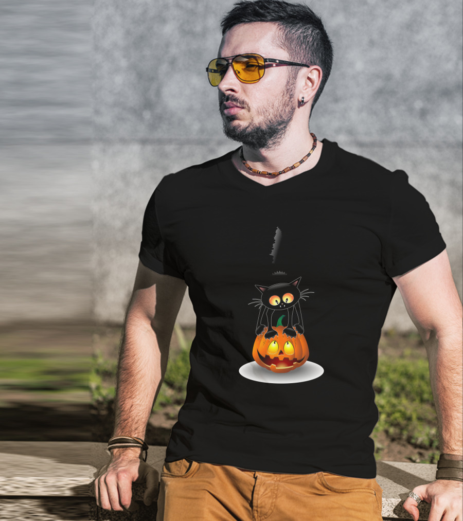 Disney Mickey Mouse Halloween Pumpkin Head With Black Cat Jack O'lantern T-Shirt