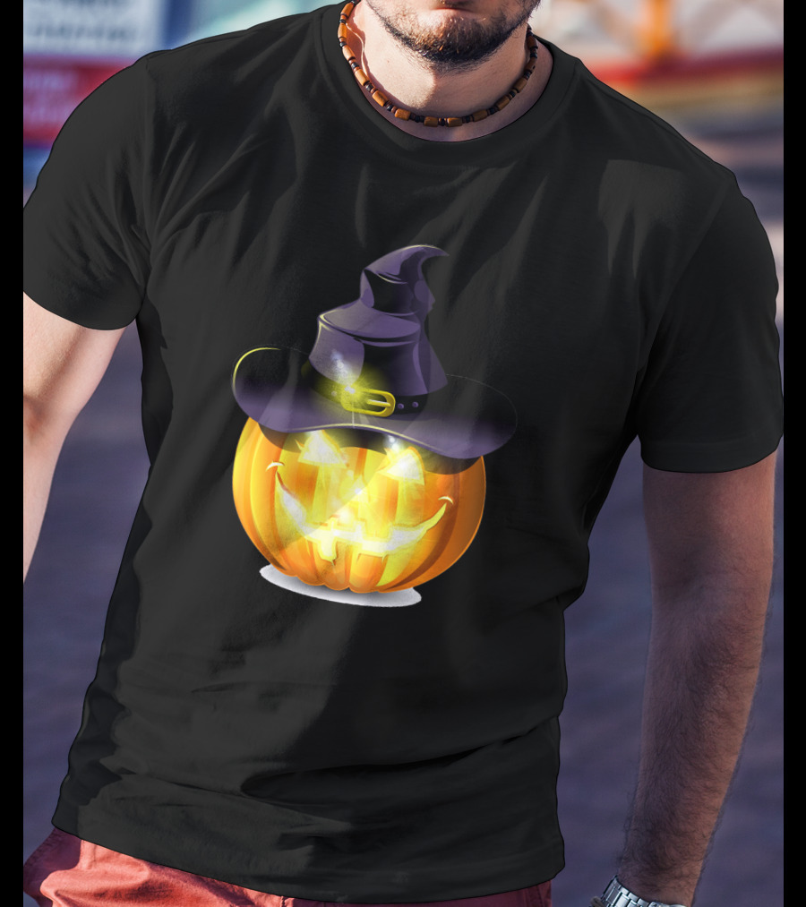 Halloween Pumpkin With Witch Hat And Glowing Smile T-Shirt