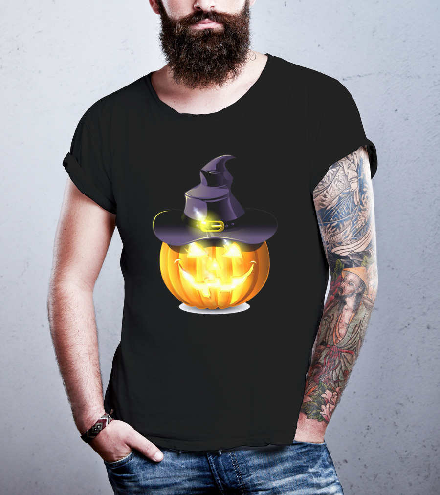 Halloween Pumpkin With Witch Hat And Glowing Smile T-Shirt