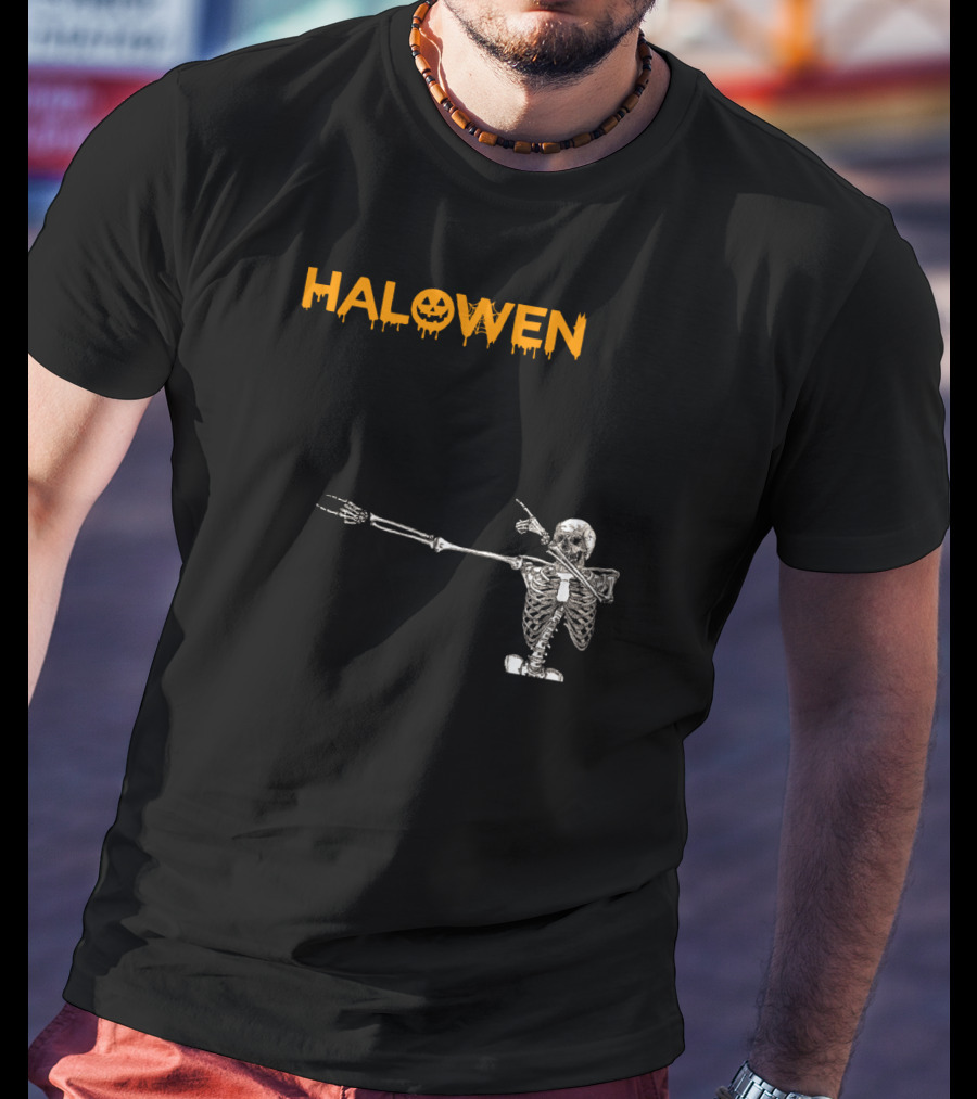 Halowen Skeleton Dabbing With Pumpkin Face T-Shirt