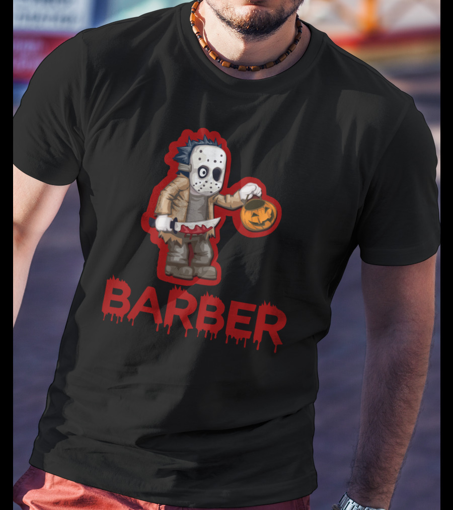 Halloween Barber Hairstylist Masked Horror With Pumpkin And Knife T-Shirt