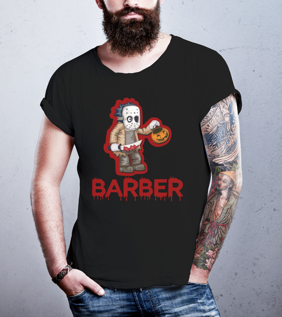 Halloween Barber Hairstylist Masked Horror With Pumpkin And Knife T-Shirt